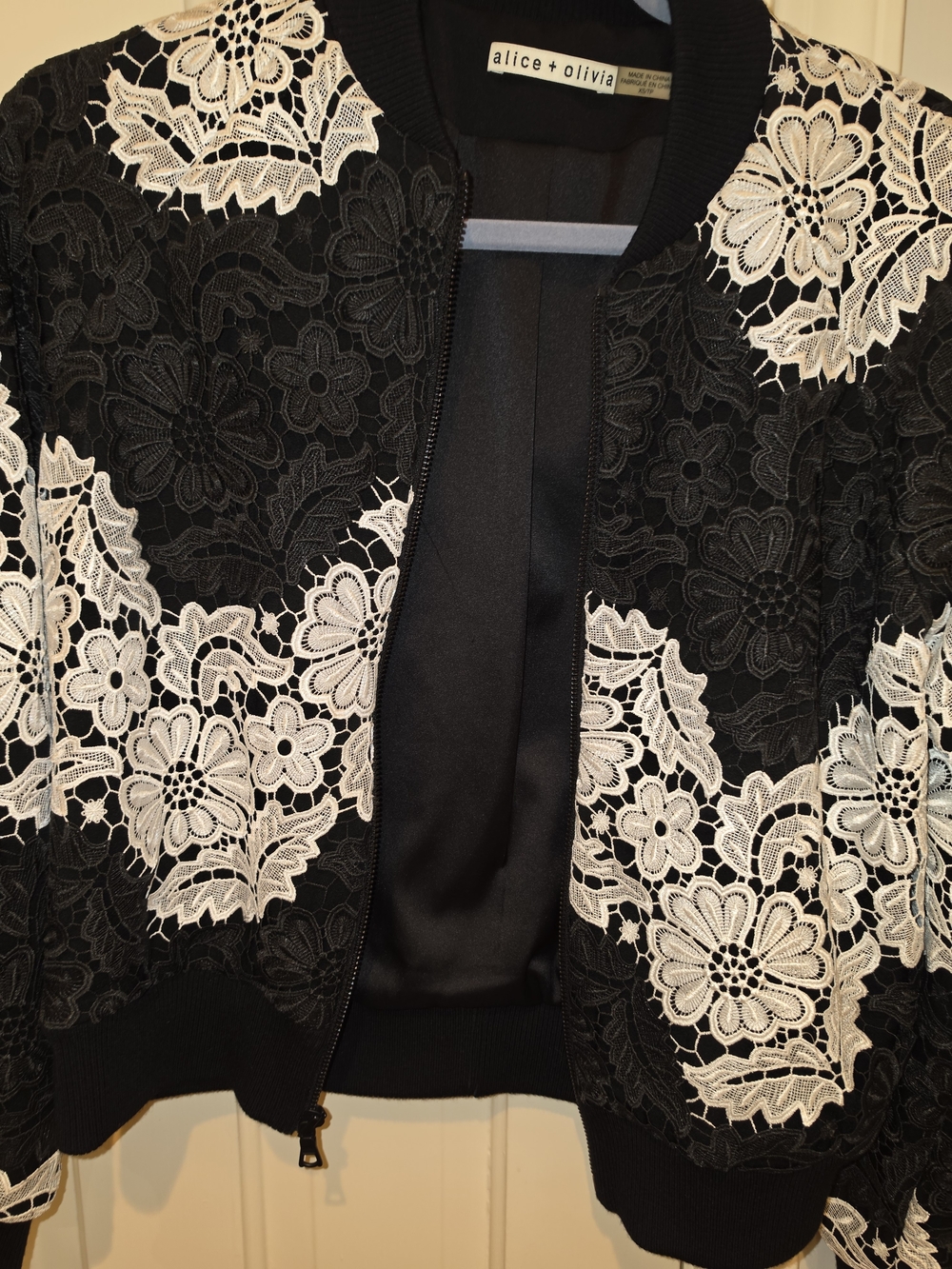Alice + Olivia Black & White Floral Embroidered Lace Bomber Jacket.